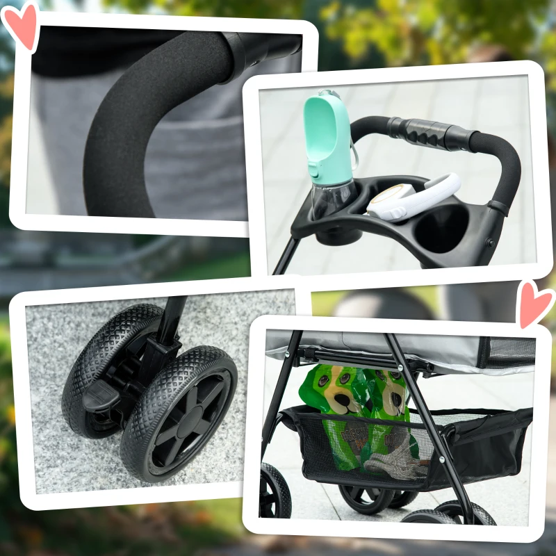 PawHut Hundebuggy Hundewagen bis 4 kg Klappbar Netzfenster Bodenkorb Becherhalter abnehmbares Dach grau 67 x 45 x 96 cm