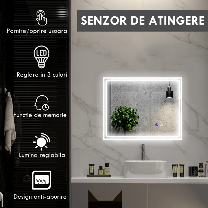 kleankin Oglinda de Baie cu Lumini LED, 90x70cm