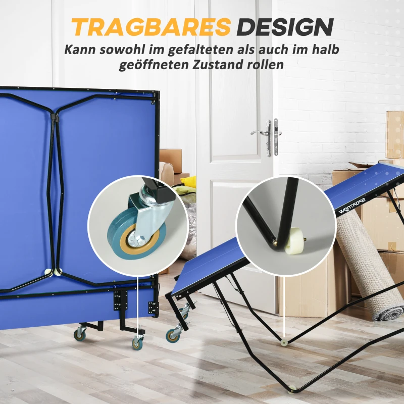 SPORTNOW Opvouwbare Tafeltennistafel, 8 Wielen, Poedergecoat Staalframe, MDF, 274 x 152,5 x 76 cm, Blauw