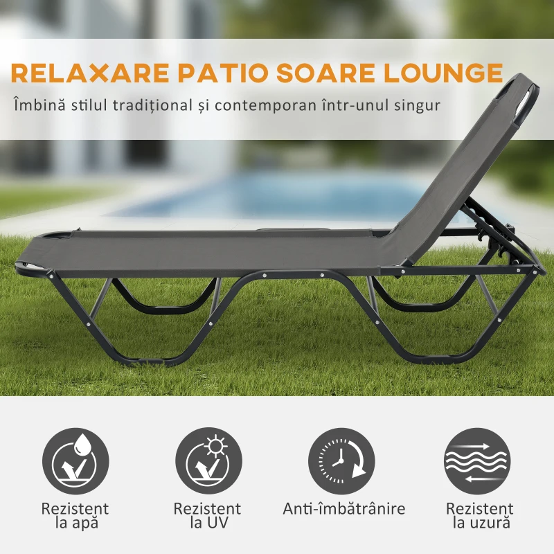 Outsunny Sezlong din aluminiu, sezlong pentru gradina cu spatar reglabil pe 5 pozitii, 163x58.5x91cm, gri