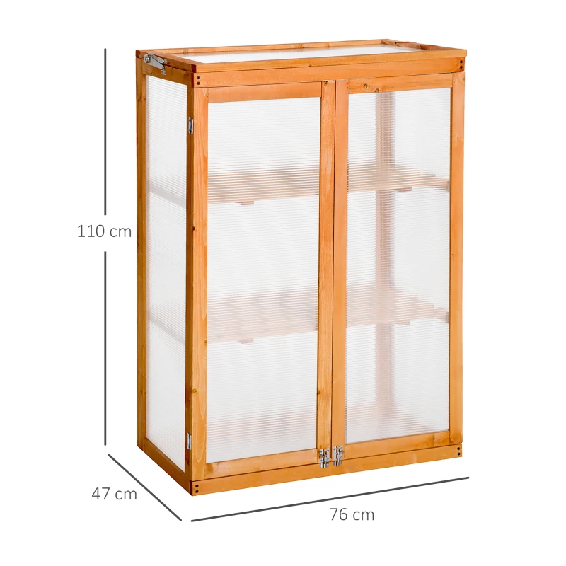 Outsunny Estufa de Jardim Estufa de Madeira e Painéis de Policarbonato com 3 Prateleiras Tampa e Portas para Plantas e Cultivos 76x47x110cm Madeira Natural