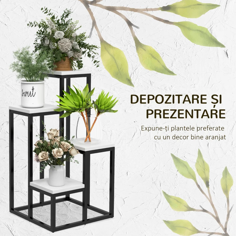 Outsunny Suport de Flori pe 4 Niveluri, Raft de Colt pentru Plante, Suport pentru Ghivece, 34x34x70 cm, Negru