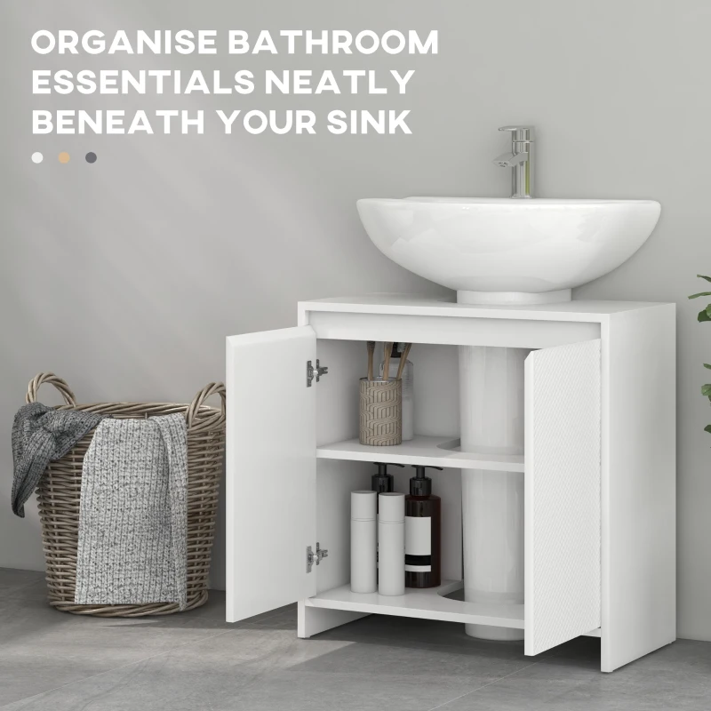 HOMCOM Mobilier Sub Chiuvetă pentru Baie cu 2 Uși, Dulap de Baie cu Decupaj în U pentru Țevi, 60x30x60 cm, Alb(m-5)