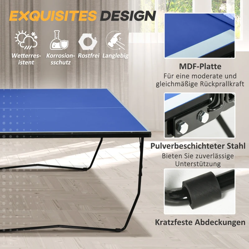 SPORTNOW Opvouwbare Tafeltennistafel, 8 Wielen, Poedergecoat Staalframe, MDF, 274 x 152,5 x 76 cm, Blauw