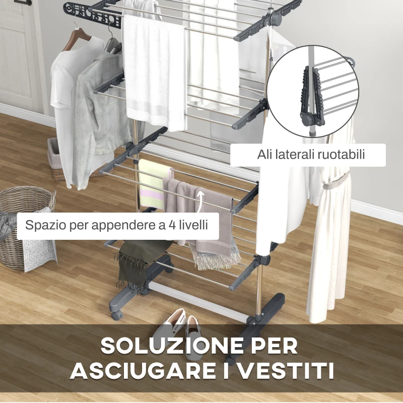 HOMCOM Stendino Verticale con 4 Ripiani Regolabili, in Acciaio e Plastica, 142x55x172 cm, Grigio e Argento
