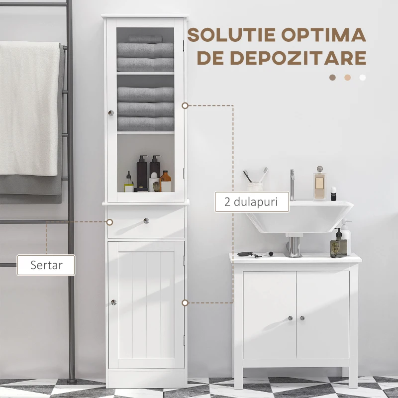 Kleankin Dulap Depozitare Alb – Usi & Rafturi, Baie / Bucatarie / Birou