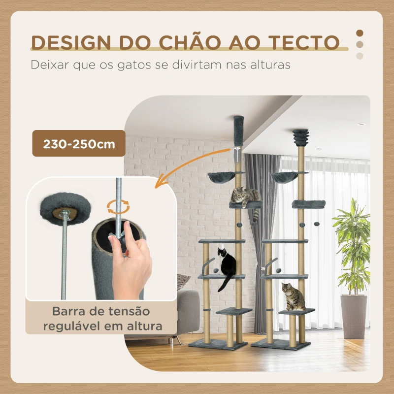 PawHut Arranhador para Gatos do Solo ao Teto de 230-250 cm  com Altura Ajustável Múltiplas Plataformas Rede Bolas Suspensas Cinza