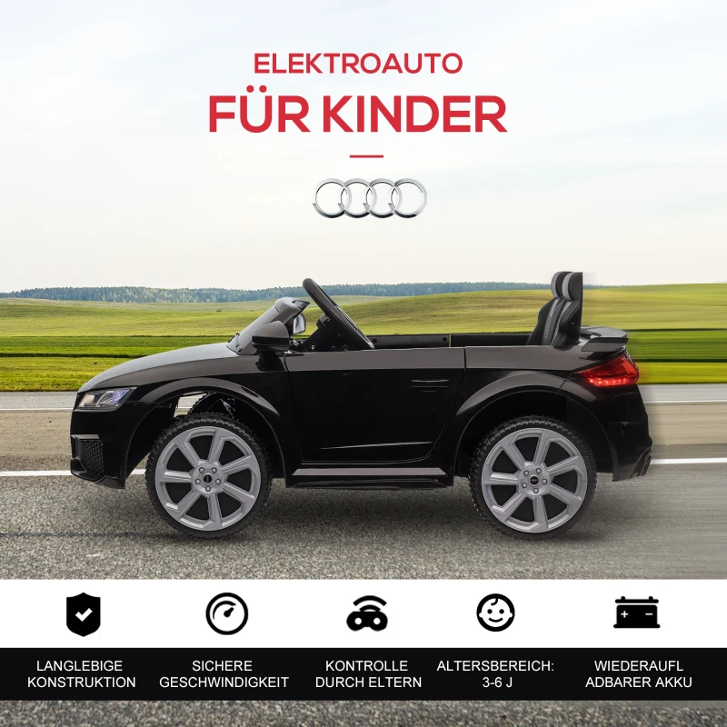 HOMCOM Kinder-Elektrische Auto, Audi TT RS Roadster, 3 km/u, Afstandsbediening, LED, USB, Zwart(m-6)