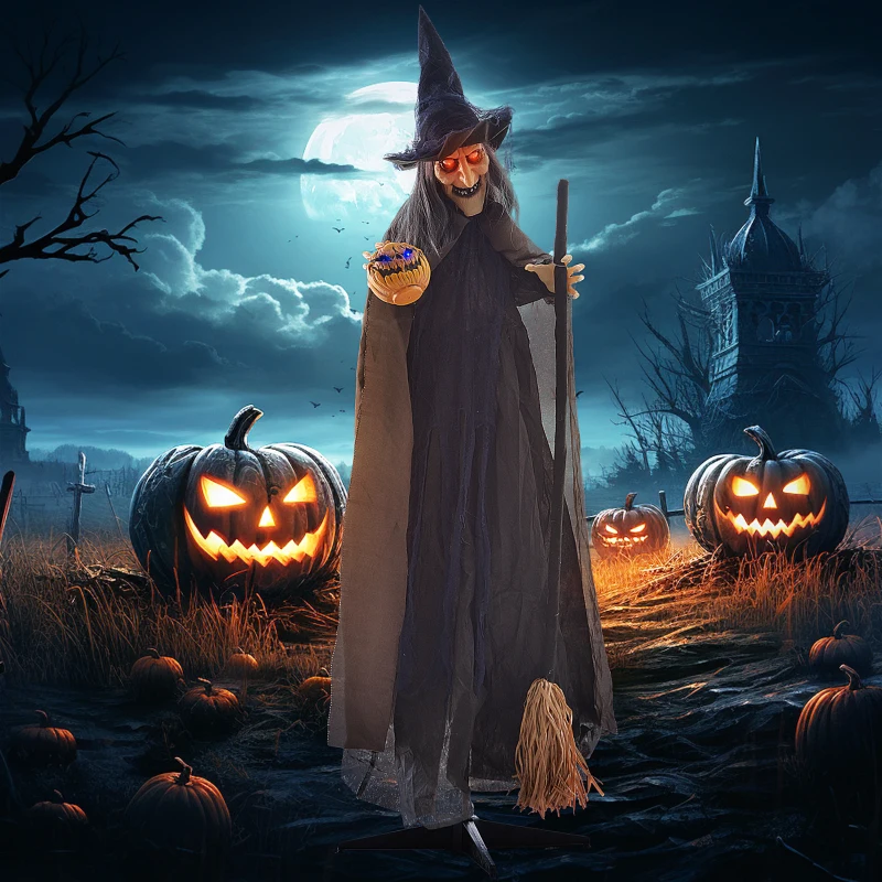 HOMCOM 6'2" Witch with Broomstick Halloween Animatronic, with Glowing Eyes