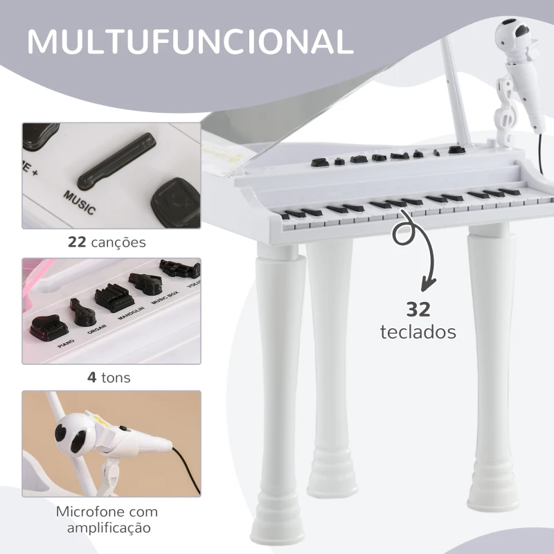 AIYAPLAY Piano Eletrónico para Crianças com 32 Teclas Microfone Luzes 22 Músicas 4 Tons e Volume Ajustável 37x30,5x60,4 cm Branco
