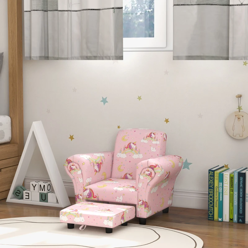 AIYAPLAY 2 Piece Kids Sofa Set with Unicorn Design, Wooden Frame, for 1.5-3 Years Old, Pink