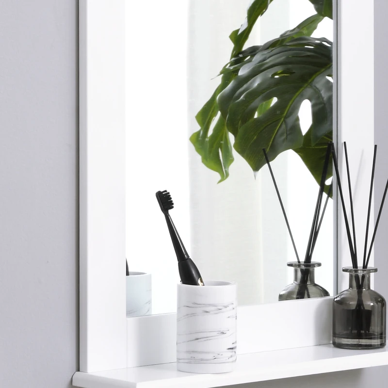 Kleankin Espelho de Casa de Banho 50x11,5x60 cm Espelho de Parede Moderno com Prateleira de e Estrutura de Madeira Branco