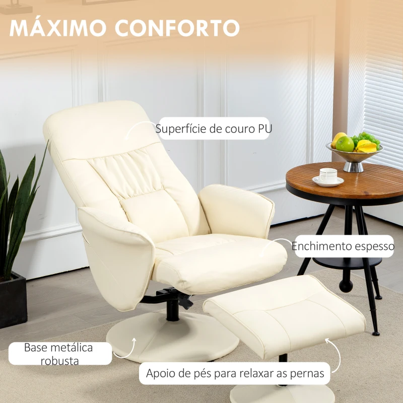 HOMCOM Poltrona Relax com Apoio para os Pés Estofada em PU  Reclinável até 145° e Giratório 360° com Encosto Ajustável 81x81x105cm Creme