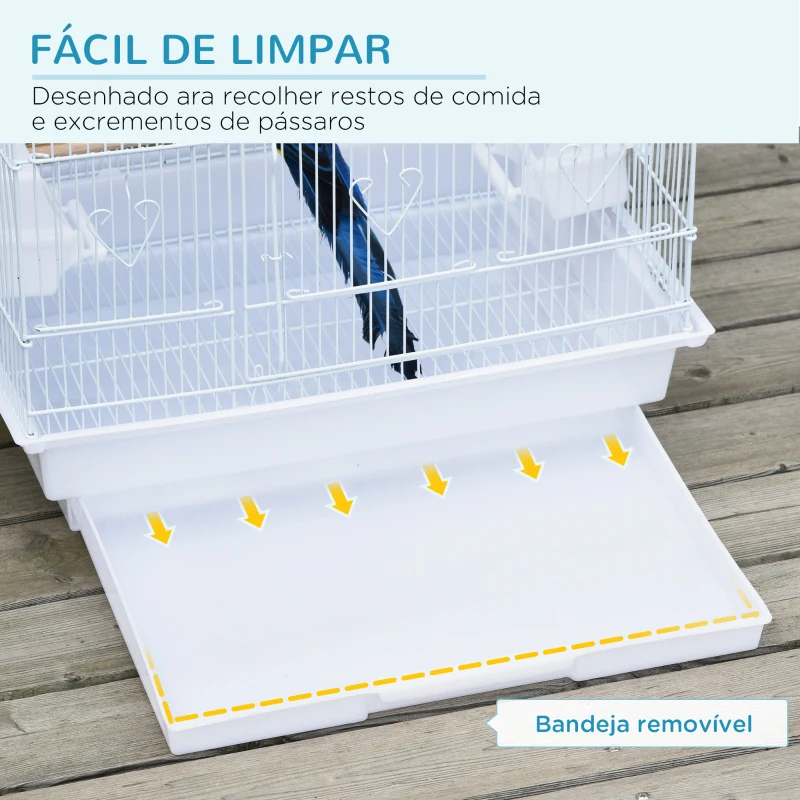 PawHut Gaiola para Passáros Gaiola de Metal com Portas 4 Comedouros 3 Poleiros Baloiço Bandeja Removível e Alça de Transporte para Papagaio Canário Periquito 46,5x35,5x92cm Branco
