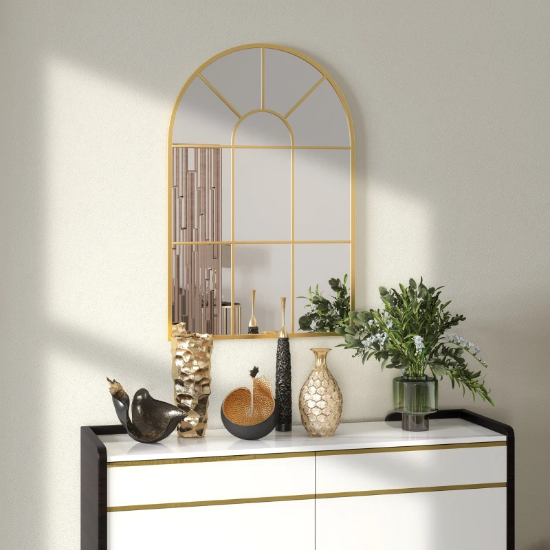 HOMCOM Lustro Ścienne, Projekt Okna, Lustro Korytarzowe, Metalowa Rama, 91 x 60 cm, Złote