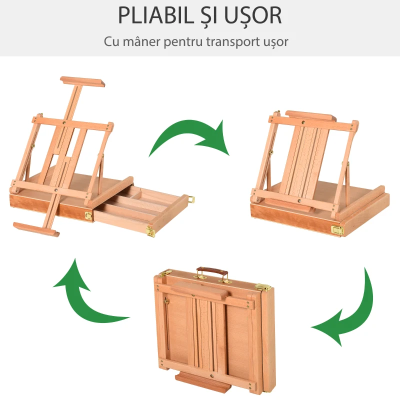 HOMCOM Șevalet din Lemn cu Sertar Inferior, Șevalet de Masă cu Înălțime și Înclinare Reglabilă, 42x36x12.5 cm, Lemn Natural