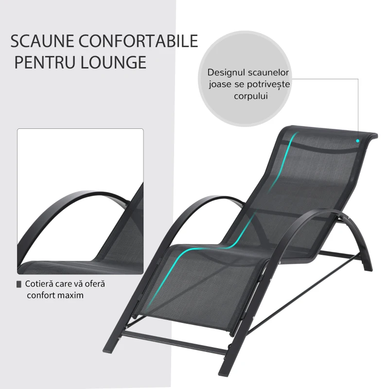 Outsunny Set 2 sezlonguri si masuta, 59x169x66 cm, negru