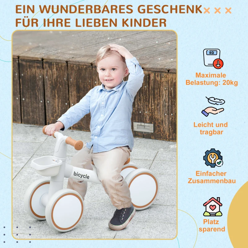 AIYAPLAY Loopfiets, verstelbare zitting, Fluisterwielen, Voor 1-3 jaar, Tot 20 kg, Bruin/Wit