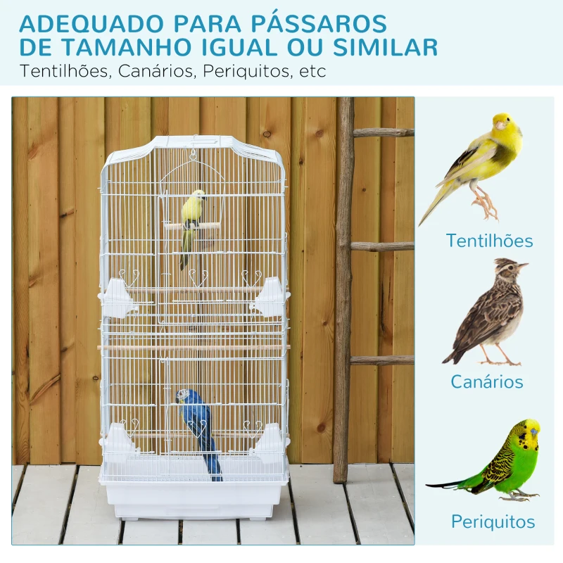 PawHut Gaiola para Passáros Gaiola de Metal com Portas 4 Comedouros 3 Poleiros Baloiço Bandeja Removível e Alça de Transporte para Papagaio Canário Periquito 46,5x35,5x92cm Branco