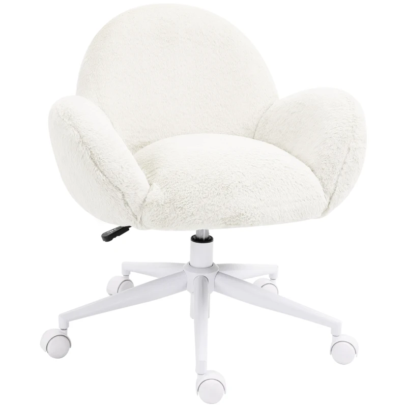 HOMCOM Makeup Vanity Chair, Cute Fluffy Desk Chair with Rolling Wheels for Bedroom Living Room, Cream White