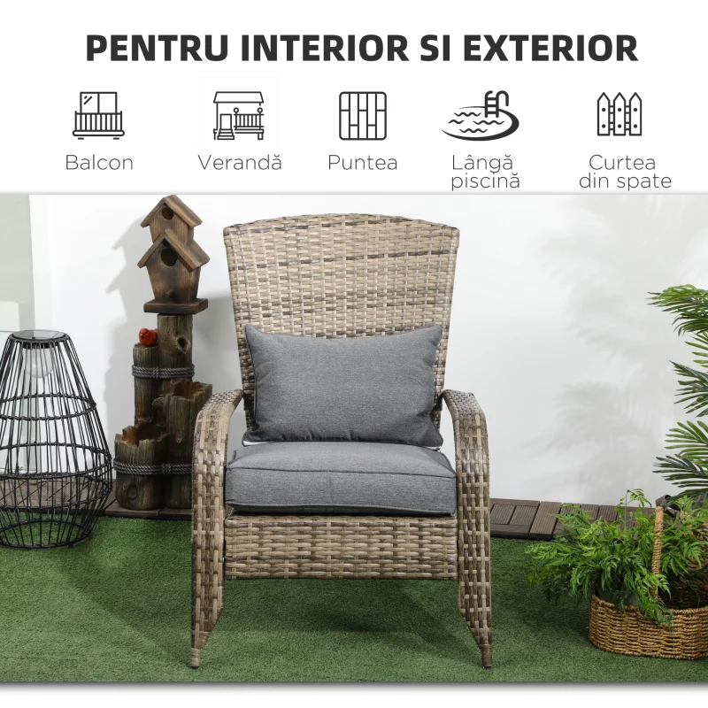 Outsunny Scaun de Grădină din Ratan, Scaun de Exterior cu Cotiere, Perne și Spătar Înalt Curbat, 64x80x90 cm, Gri