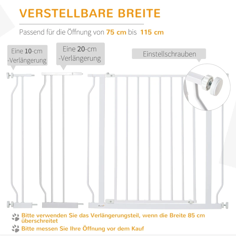 PawHut Bramka Ochronna dla Psów, Montaż na Zacisk, Regulowana Długość, Stal/ABS, 75-115 x 76cm, Biała