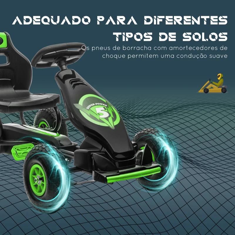 HOMCOM Kart a Pedais para Crianças 5-12 Anos com Assento Ajustável Pneus Insufláveis Amortecimento e Travão de Mão 121x58x61 cm Verde