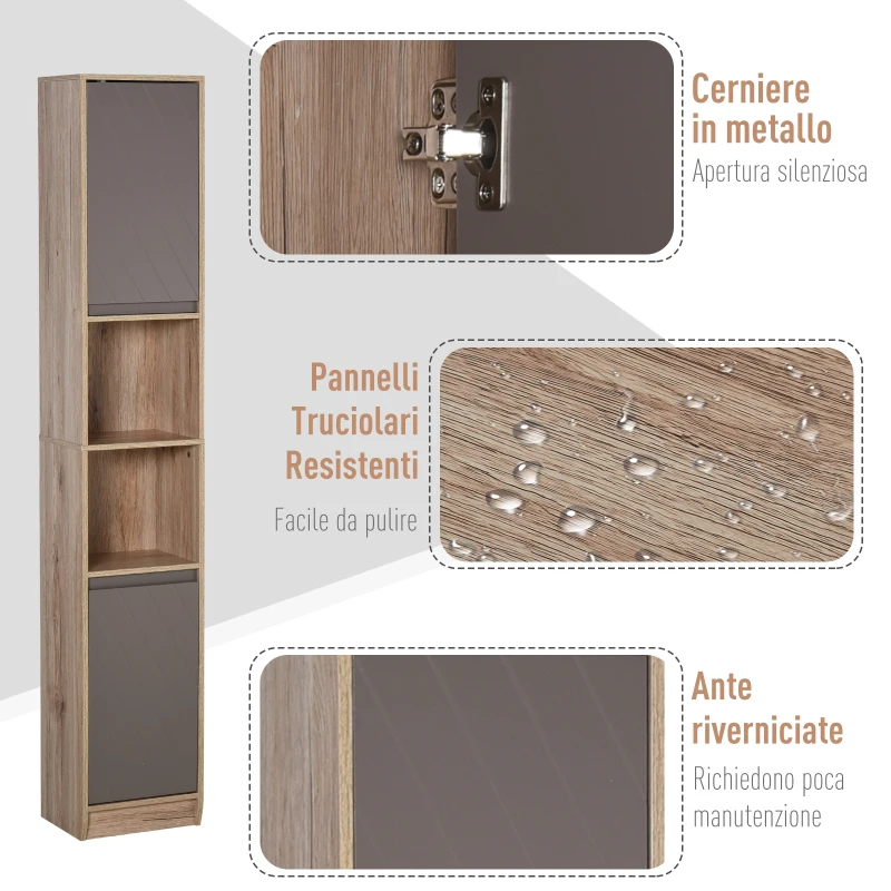 HOMCOM Mobiletto Salvaspazio per Bagno in Legno, Mobile da Bagno con 2 Armadietti e Ripiani Regolabili, Design a Colonna, 30x24x170 cm, Grigio e Rovere