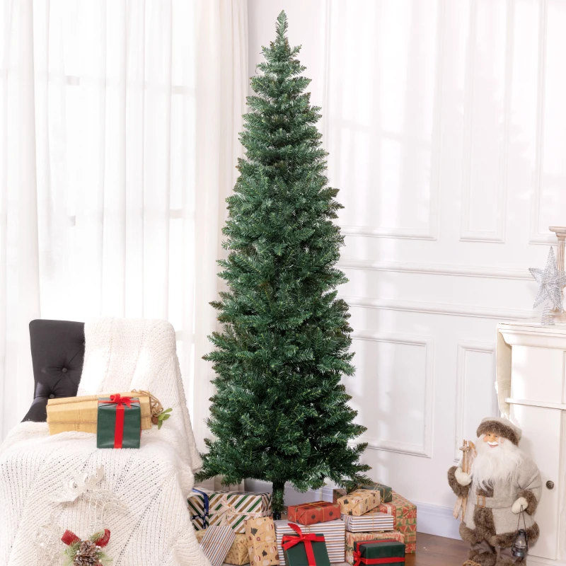 HOMCOM Árvore de Natal Tipo Lápis 210 cm com Base Dobrável e 687 Ramos para  Escritório Verde