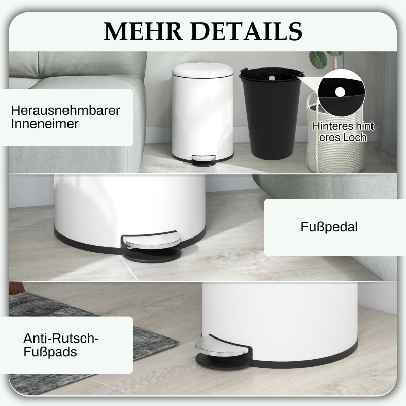 HOMCOM Prullenbak 20L, met Pedal, Binnenemmer, vingerafdrukvrij, Stil Sluiten, Crèmewit