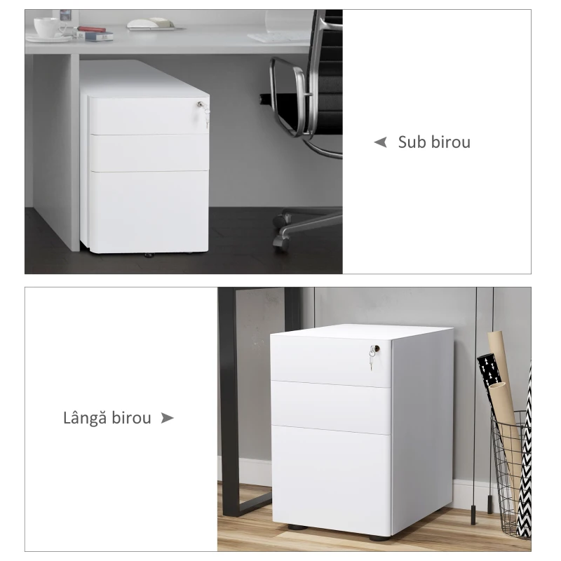 Vinsetto Fiset de Birou 3 Sertare si Incuietoare Serratura, Fiset pentru Birou cu Roti din Otel, 39x48x59cm, Alb