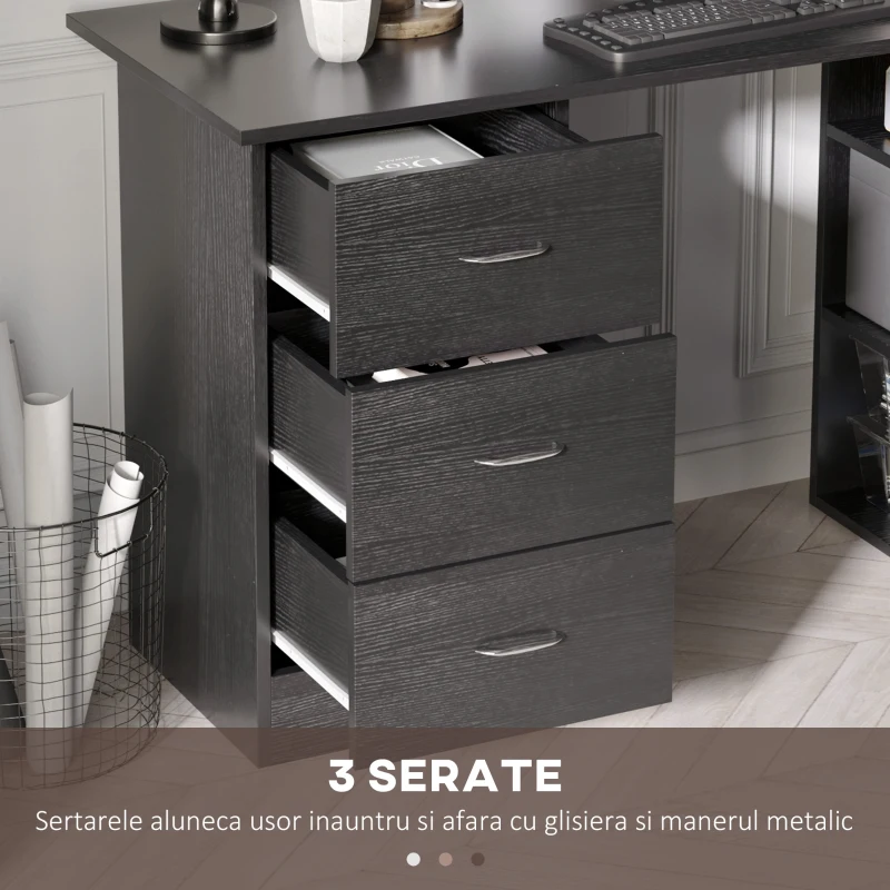 HOMCOM Birou de Modern cu 3 Sertare si Raft de Depozitare, Negru(m-5)