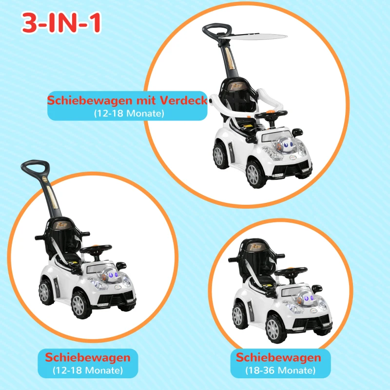 AIYAPLAY 2-in-1 Loopauto, Afneembaar Zonnedak, Lichtjes, Muziek, Toeter, Kunststof en Metaal, 96 x 39 x 90 cm, Wit/Zwart