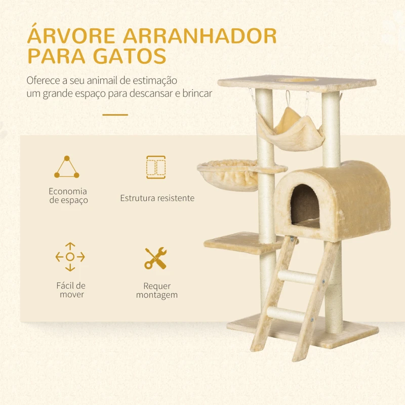 PawHut Árvore para Gatos Arranhador com Poste Ninho Cesta Rede Plataforma Casa e Escada de Veludo e Sisal Natural 54x29,5x98 cm Bege