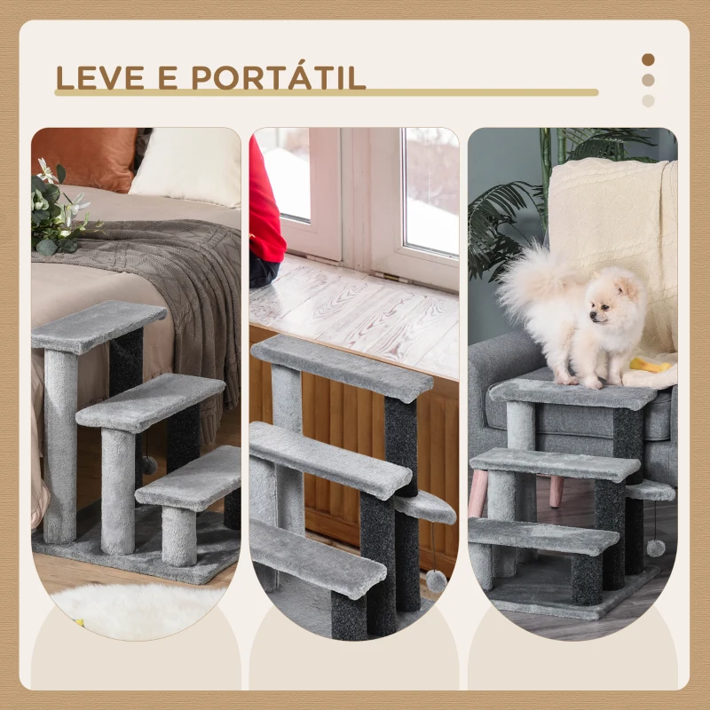 PawHut Escada para Animais de Estimação Escada para Gatos de 3 Degraus com Poste de Arranhar Bola 45x40x48 cm Cinza