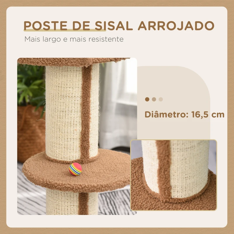 PawHut Arranhador para Gatos Altura 91 cm de 3 Níveis com Ninho Plataforma e Poste de Sisal 45x45x91 cm Marrom Claro