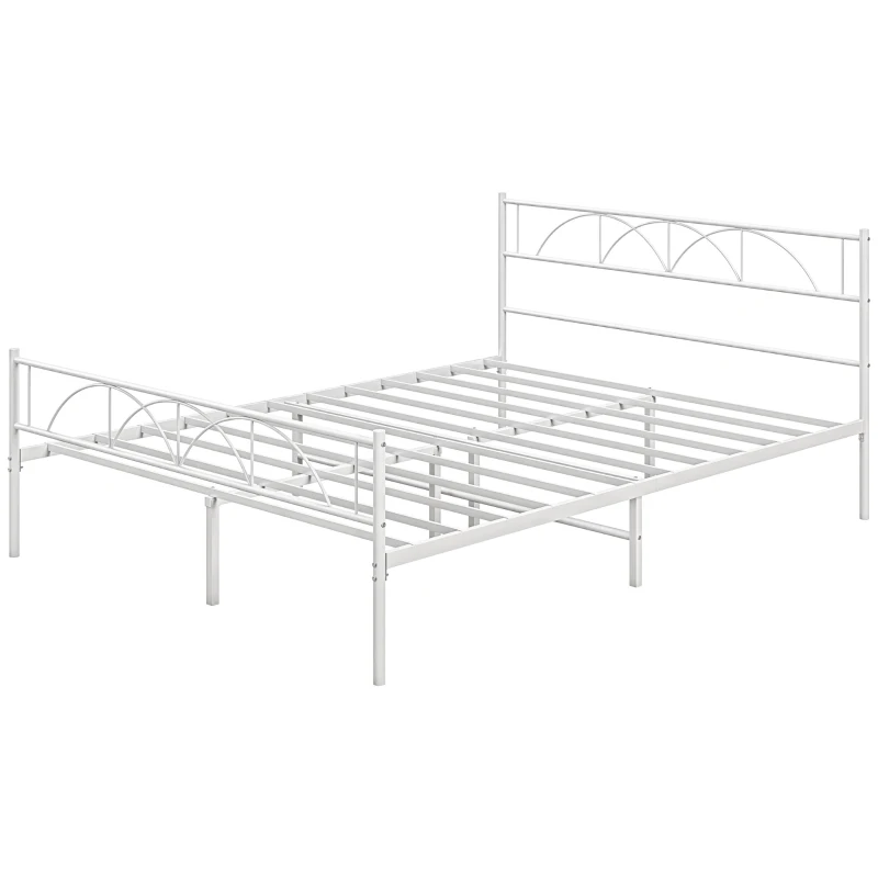 HOMCOM Cama de Casal 135x190 cm Com Cabeceira de Ripas de Aço e Espaço de Arrumação Debaixo da Cama Carga 330 kg Branca