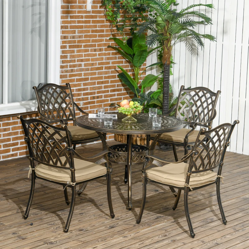 Outsunny 4 Seater Outdoor Dining Set Antique Cast Aluminium Garden Furniture Set with Cushions Round Dining Table with Parasol Hole, Bronze