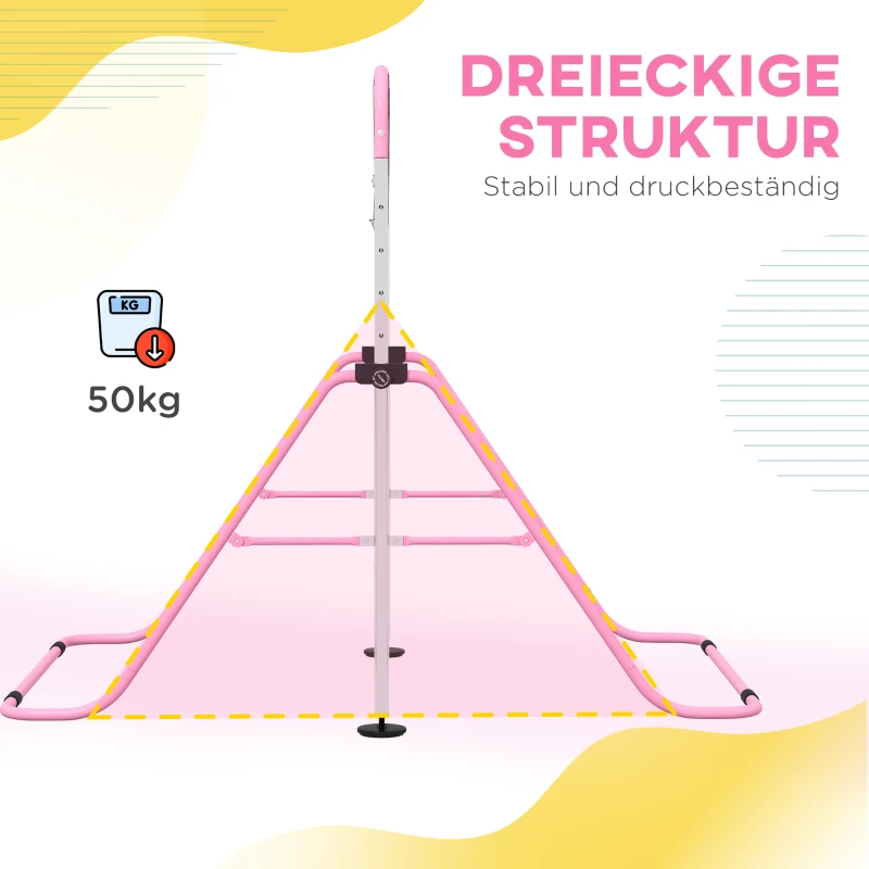 HOMCOM Kinderturnbar met Ringen, Hoogteverstelbaar, Opvouwbaar, Antislip, Stalen Frame, 148x105x88-128 cm, Roze(m-7)