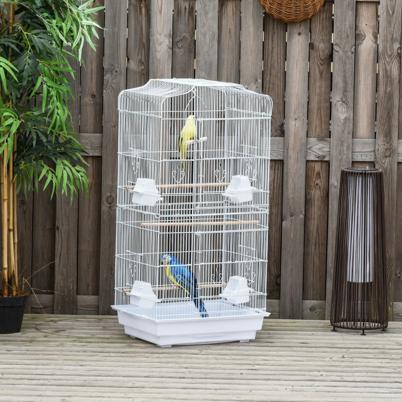 PawHut Gaiola para Passáros Gaiola de Metal com Portas 4 Comedouros 3 Poleiros Baloiço Bandeja Removível e Alça de Transporte para Papagaio Canário Periquito 46,5x35,5x92cm Branco