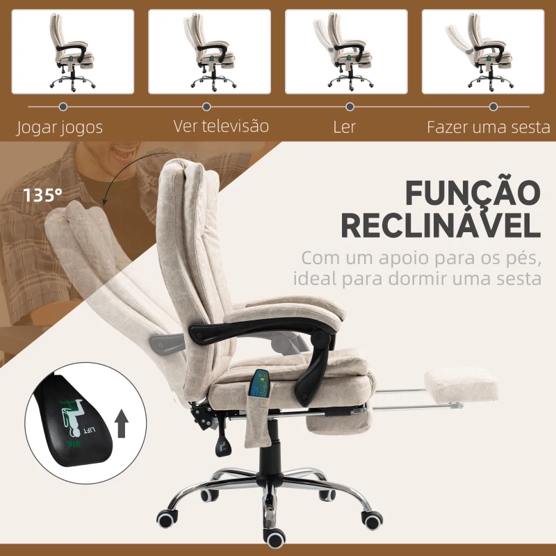 Vinsetto Cadeira de Massagem com 6 Pontos de Massagem Ajustáveis com Função de Aquecimento Apoio para os Pés Retrátil Creme