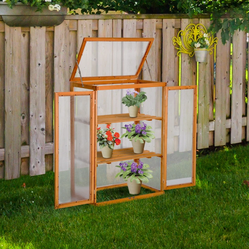 Outsunny Estufa de Jardim Estufa de Madeira e Painéis de Policarbonato com 3 Prateleiras Tampa e Portas para Plantas e Cultivos 76x47x110cm Madeira Natural