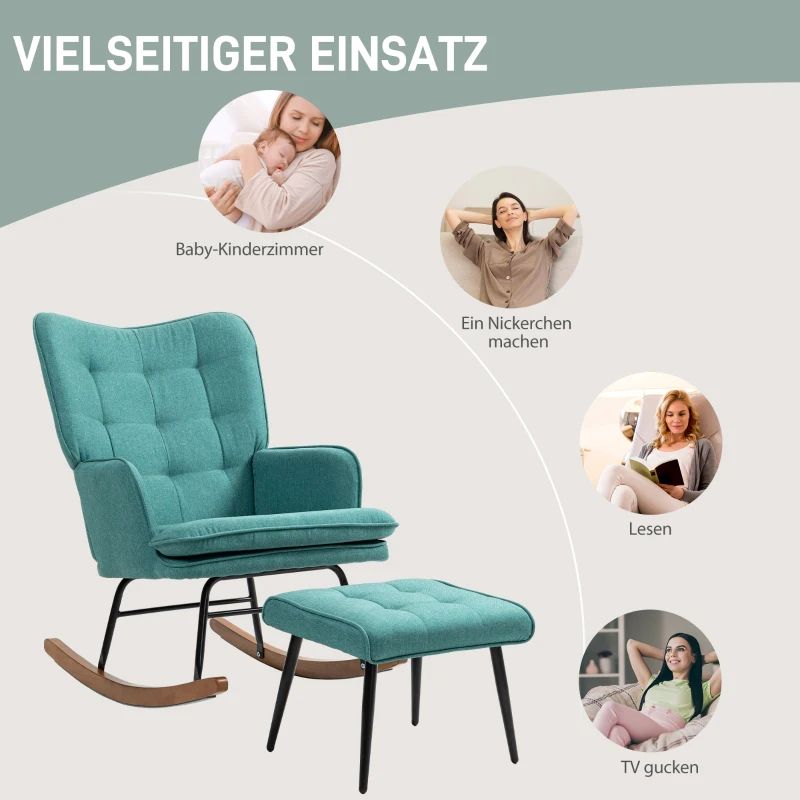 HOMCOM Schommelstoel met Voetenbank, Comfortabel, Tot 130 kg, Linnenlook, 64x89x90cm, Donkergroen(m-6)