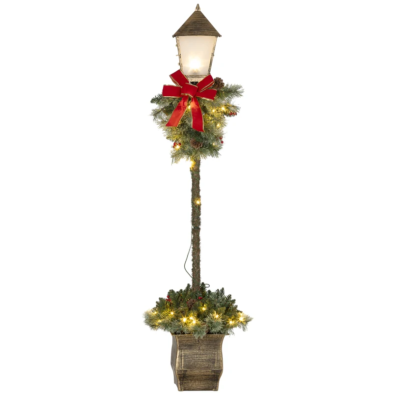 Outsunny Kerstlantaarn met Bessen, Dennenappels & Strik, LED-Lichtjes, Metalen Paal, 150 cm