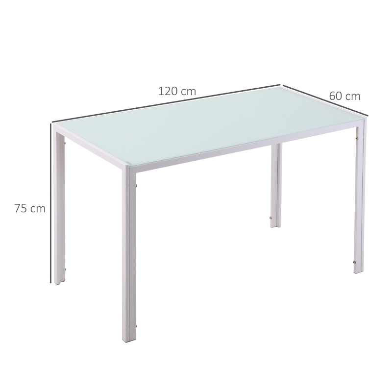 HOMCOM Mesa Sala de Jantar de Cristal Mesa Retangular para 4-6 pessoas com Pés de Metal Multifuncional para Cozinha 120x60x75cm Branco