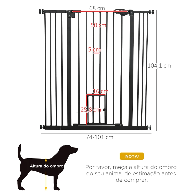 PawHut Barreira de Segurança para Cães com Porta Pequena Fechamento Automático e Sistema Duplo de Bloqueio 74-101x104,1 cm Preto