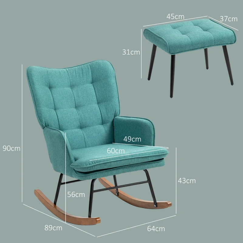 HOMCOM Schommelstoel met Voetenbank, Comfortabel, Tot 130 kg, Linnenlook, 64x89x90cm, Donkergroen(m-3)