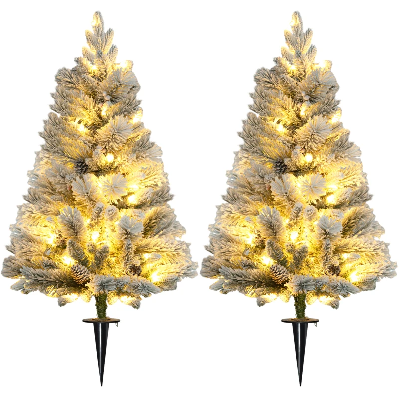 HOMCOM LED-Verlichte Kerstboom, Set van 2, 90 cm, Dennenappels, Rode Bessen, Brandveilig, Groen/Wit