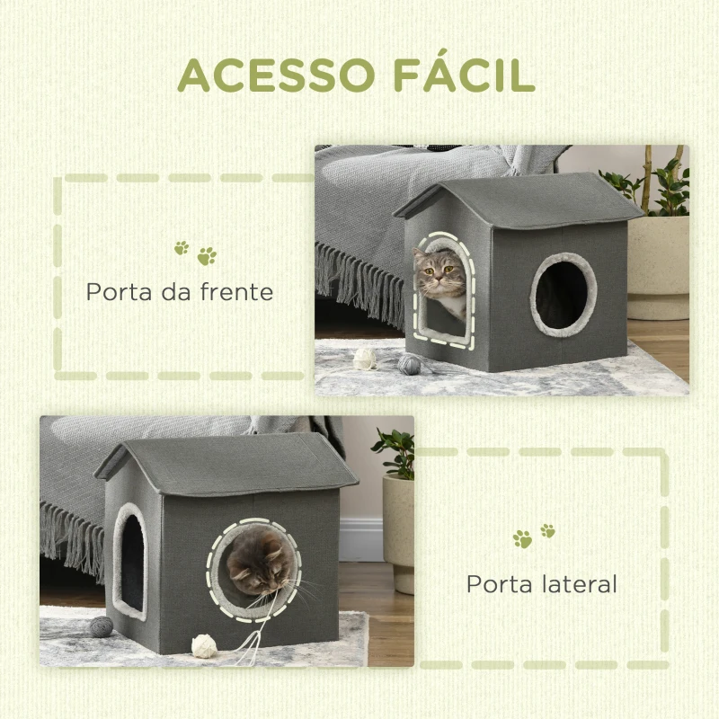 PawHut Casa para Gatos Caverna para Gatos com 2 Portas e Almofada Lavável 39x43,5x40,5 cm Cinzento