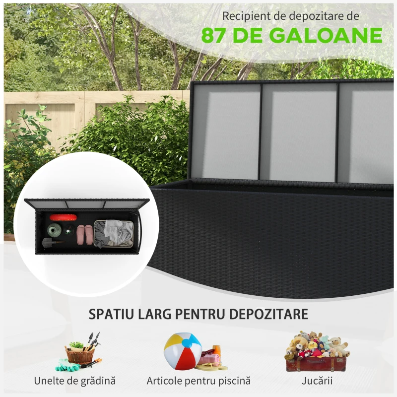 Outsunny Cutie de Depozitare pentru Exterior cu Roți, Bară Pneumatică de Ridicare și Mâner Lateral, 121x57x67 cm, Negru